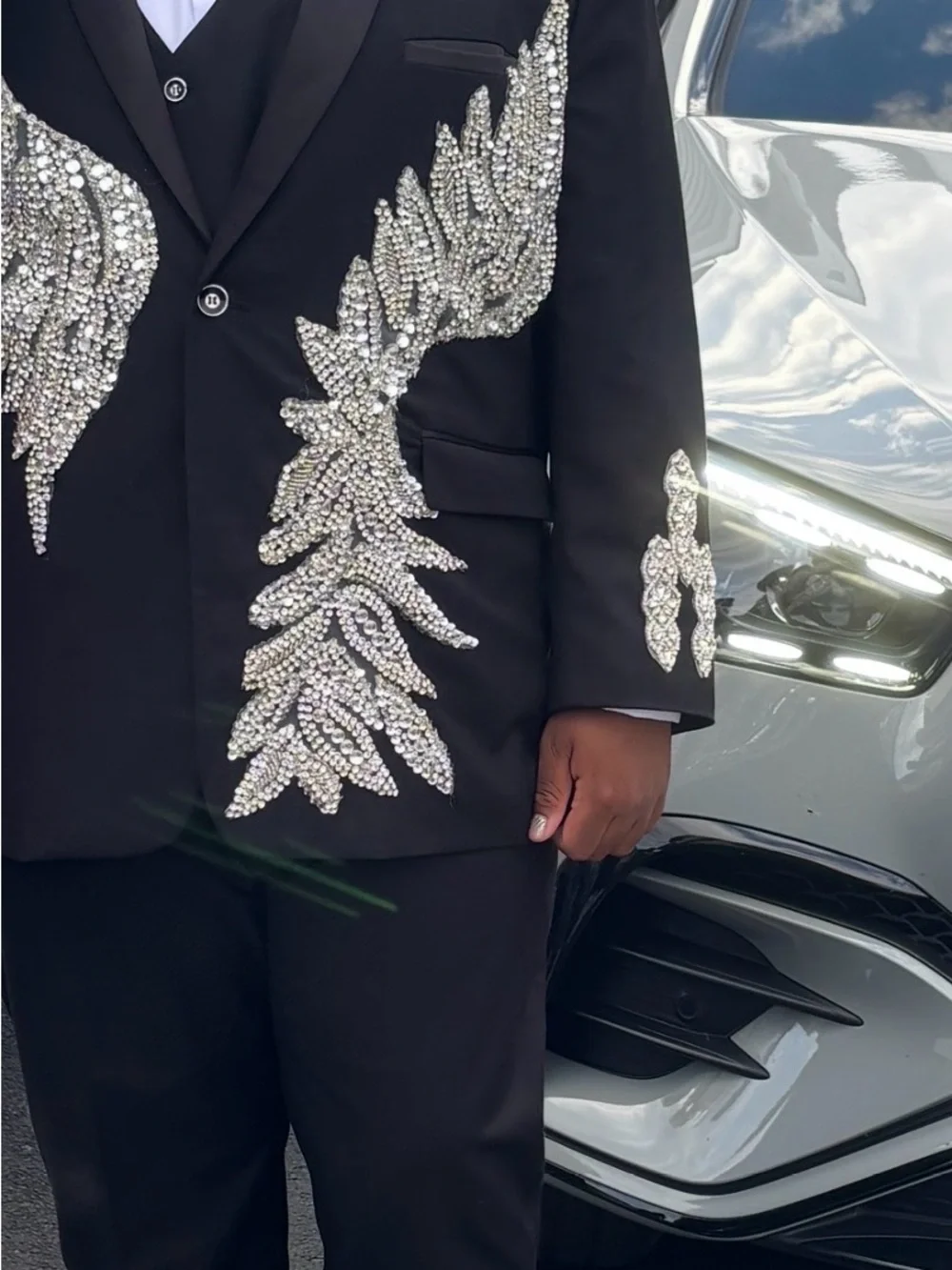 Men's Black Blazer with Silver Crystal Embellishment